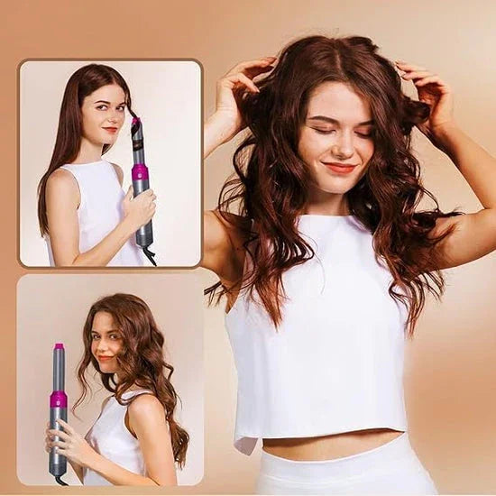 Woman using automatic hair curler on long brown hair, showcasing curling tool results