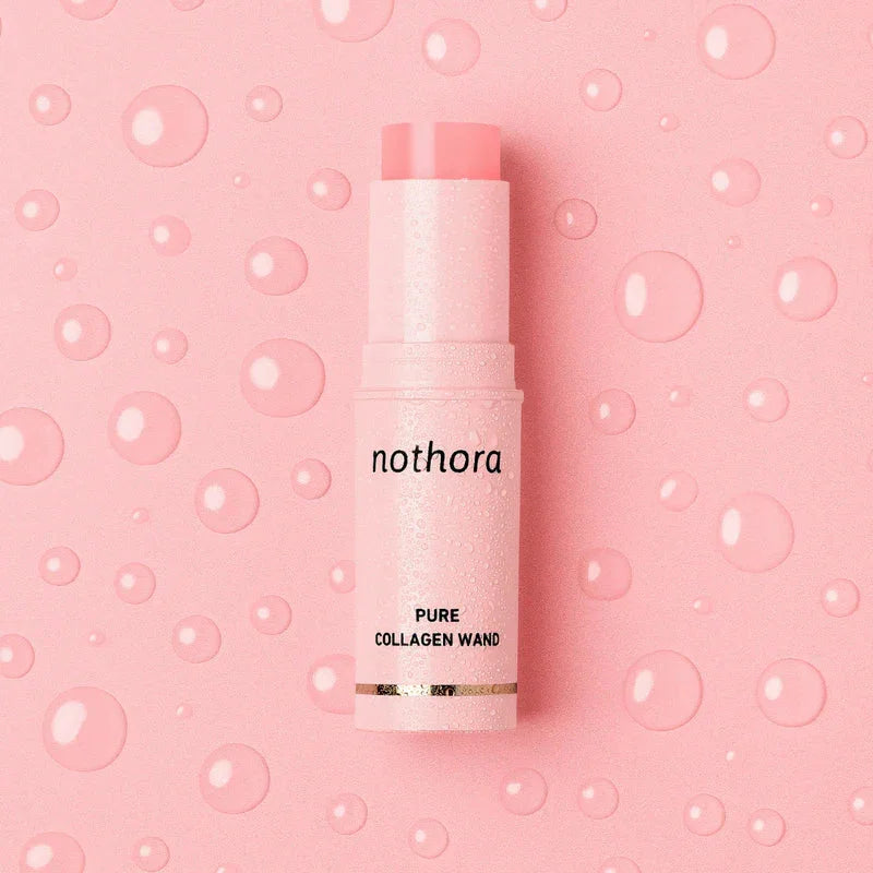 Nothora Pure Collagen Wand on pink background with water droplets, LaxeHaven skincare