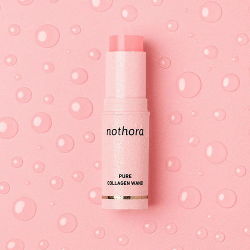 Nothora Pure Collagen Wand on pink background with water droplets, LaxeHaven skincare