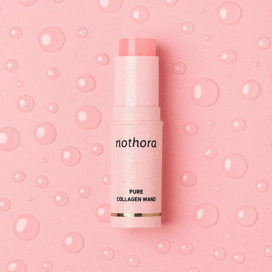Nothora Pure Collagen Wand on pink background with water droplets, LaxeHaven skincare